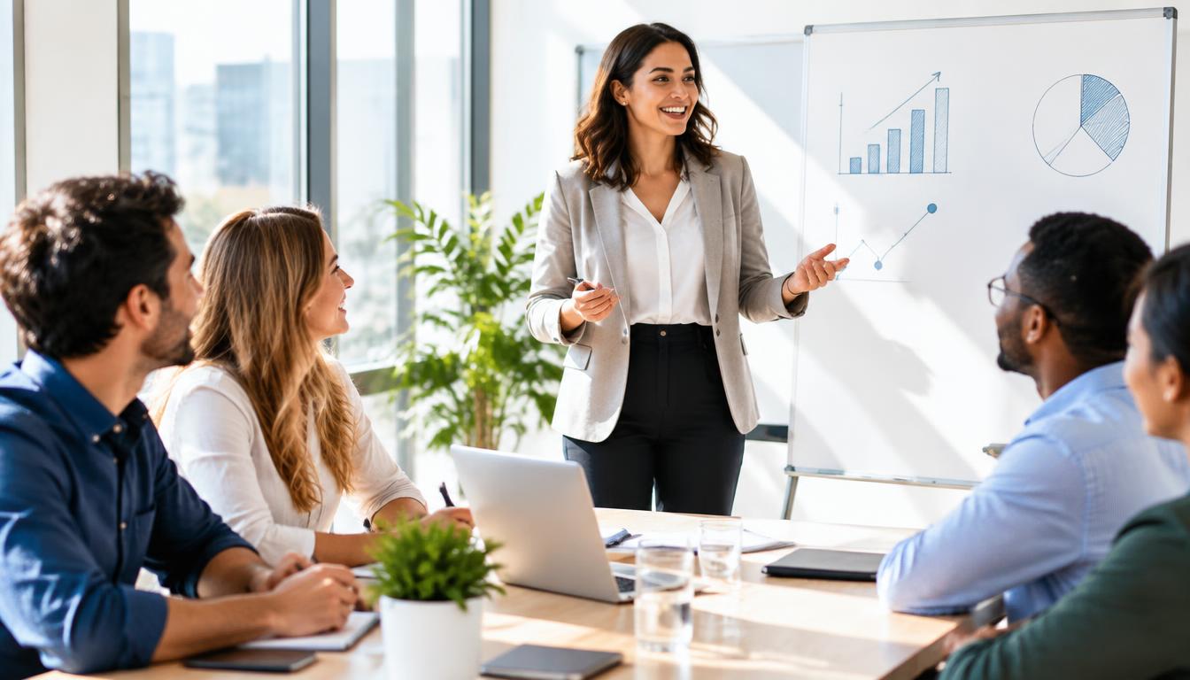 A salesperson presenting to an engaged team
