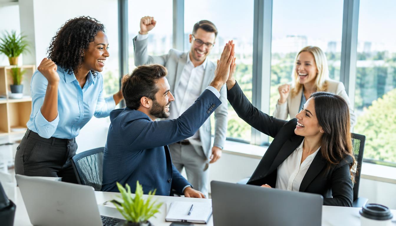A sales team celebrating a win