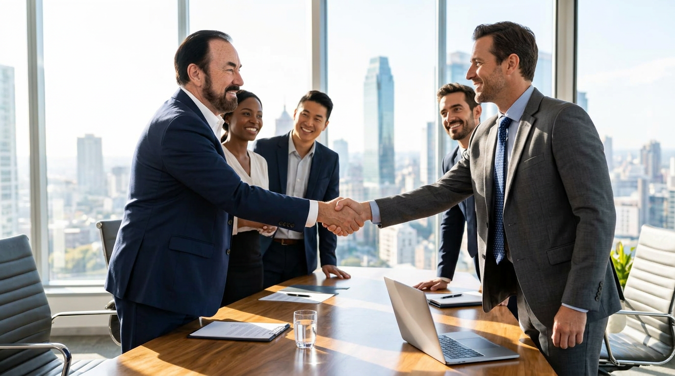Tommy Adkins shaking hands with a client after closing a deal